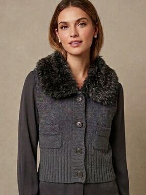 LOFT Vintage Dark Gray Faux Fur Collar Vest